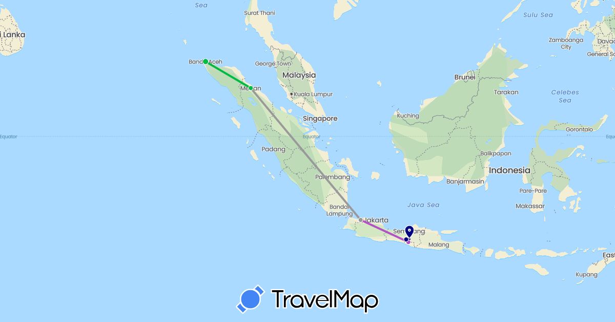 TravelMap itinerary: driving, bus, plane, train in Indonesia (Asia)